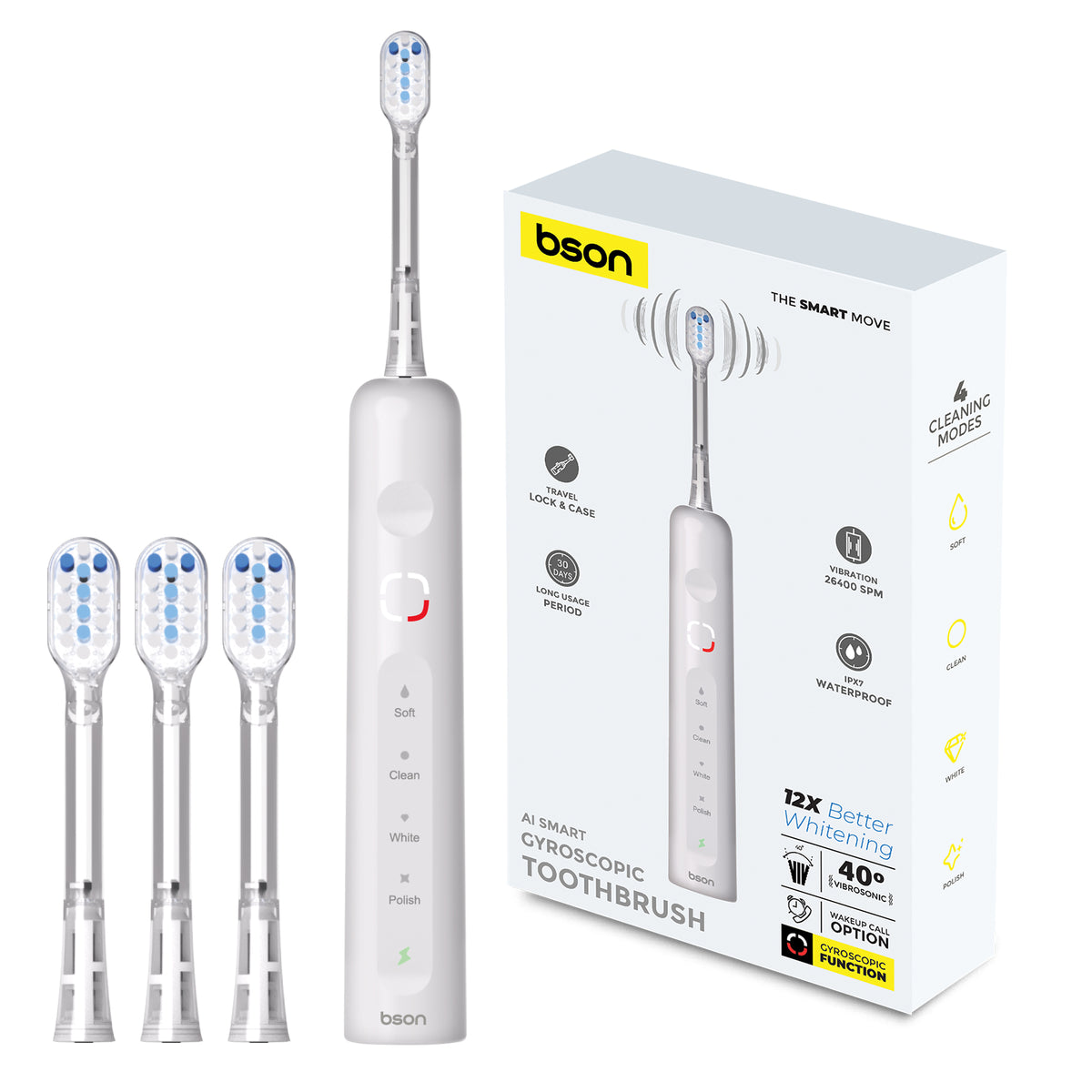 AI Smart Gyroscopic Toothbrush – 12x Whitening, 4 Cleaning Modes, 40° Vibro- sonic, Gyroscopic Function, Wake-Up Call, Travel Lock & Case, Long Battery, 26,400 SPM, IPX7 Waterproof