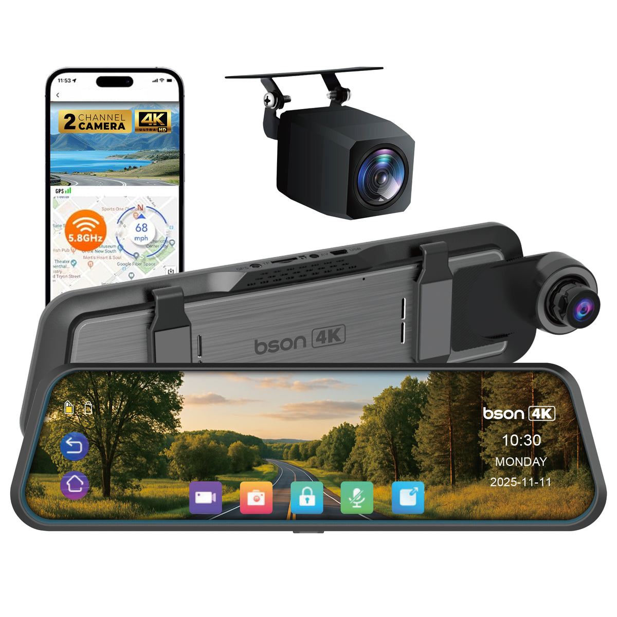 BSON 4K Vision Smart Mirror Smart 10-inch IPS touch mirror with front, rear recording, blind spot detection, and ADAS support for safer, smarter driving.