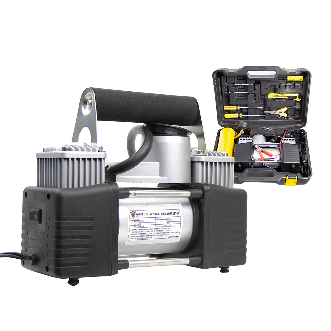 Force USA Heavy Duty Air Compressor with Tool Thick Handle, 12V DC Portable Inflator for Trucks, SUVs, Industrial and Off-Road Use