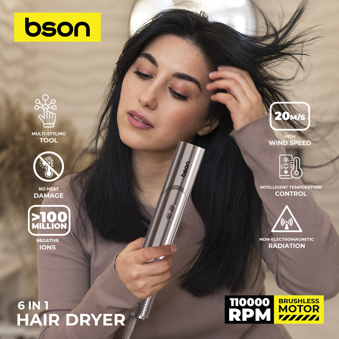 Bson 6-in-1 Professional Hair Dryer & Styler – 110,000 RPM Brushless Motor, 5 Styling Attachments, Intelligent Heat Control, 100M+ Negative Ions, No Radiation-for Women, Men, Home, Travel & Salon Use