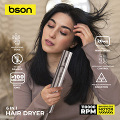 Bson 6-in-1 Professional Hair Dryer & Styler – 110,000 RPM Brushless Motor, 5 Styling Attachments, Intelligent Heat Control, 100M+ Negative Ions, No Radiation-for Women, Men, Home, Travel & Salon Use