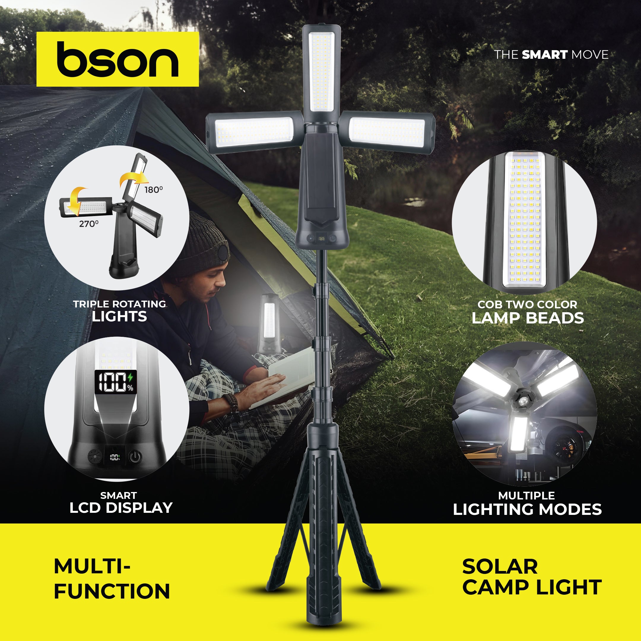 Bson Multi-Function Solar Camp Light – 4800 Lumens, 270°/180° Rotation, 16H Runtime, 1000mAh Battery, Solar & Type-C Charging, Waterproof with Remote, 3 Light Shades, 5 Lighting Modes, Tripod & Hook Design, Power Bank Function