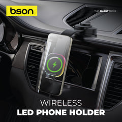 Bson Wireless LED Phone Holder – 15W Fast Wireless Charging, MagSafe Compatible, 360° Rotation, Strong Suction, One-Hand Operation, USB-A to Type-C Cable Included