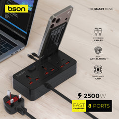 BSON Multi-Power Socket Extension 8-port fast-charging power socket with built-in cables and detachable mobile stand for convenient, organized charging.