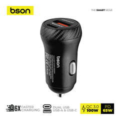 Bson 88W Ultra Fast Car Charger – 6X Fast Charging with Dual USB Ports (USB-A & USB-C), QC3.0 100W MAX + PD 65W, Smart Safety Protections Included