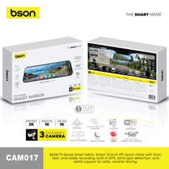 BSON Tri-Sense Smart Mirror, Smart 10-inch IPS touch mirror with front, rear, and inside recording, built-in GPS, blind spot detection, and ADAS support for safer, smarter driving.
