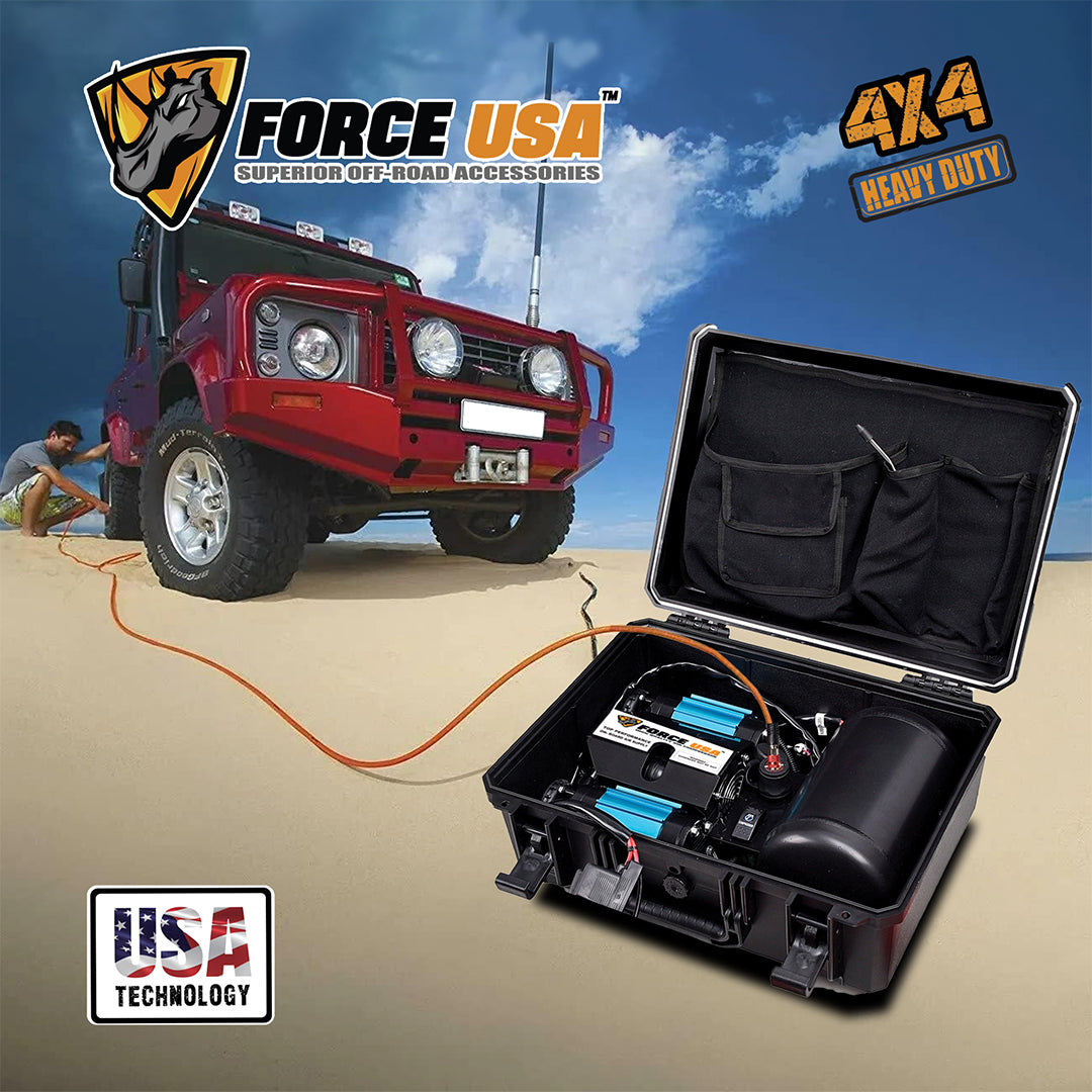 Force USA Powerful Air Compressor with Built-In Air Tank, High Capacity 12V Air System for Tire Inflation, Air Tools, and Off-Road Applications