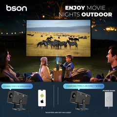 Bson 4K Compact HD Projector, designed for home, travel, and outdoor viewing. With 170 ANSI brightness and a massive 50–200 inch screen size, it delivers clear, vibrant visuals for movies, presentations, gaming, and streaming.