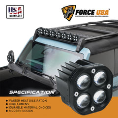 FORCE USA Four Eyes Work Light, High-Power LED Off-Road Light with Quad-Beam Design, Waterproof & Dustproof, Universal Mount for Car, SUV, Truck, ATV, UTV, Tractor