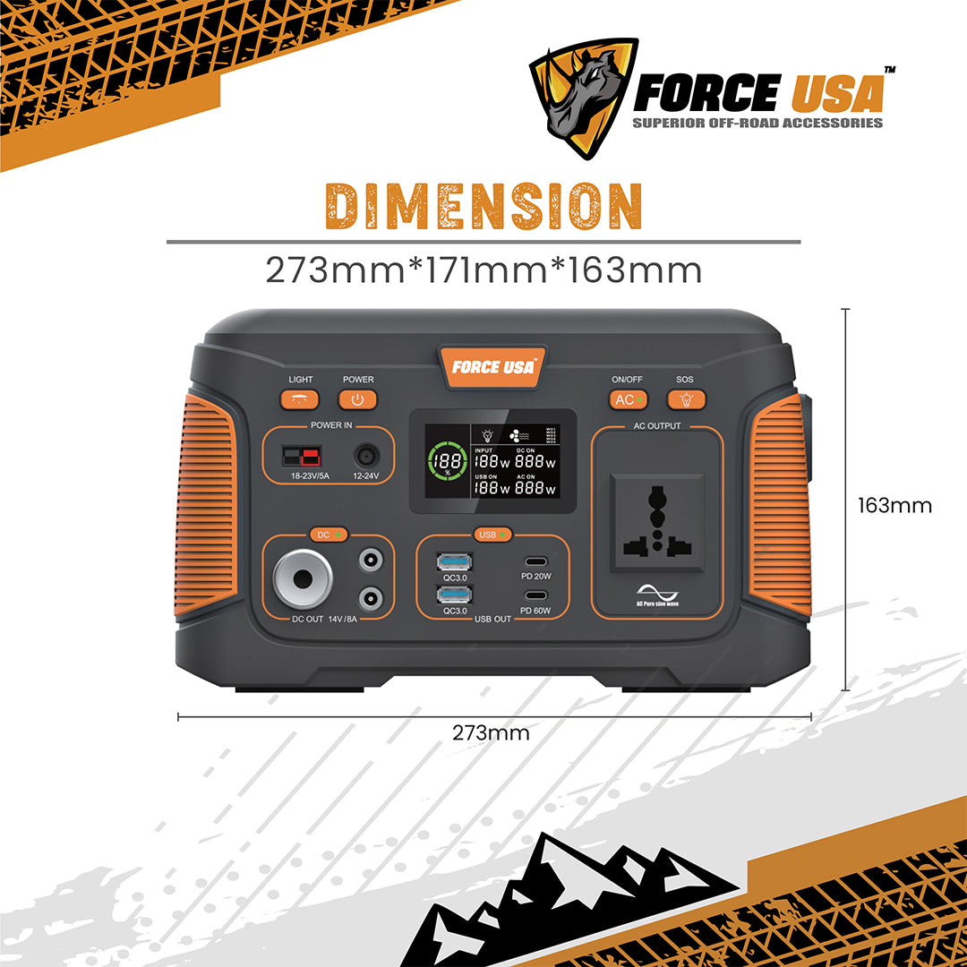 Force USA Portable power station 300W Pure Sine Wave With Multiple Output Ports, LED Display & Solar Charging Features for  camping and outdoor activities