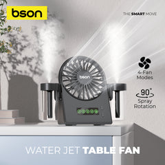 Bson Water Jet Table Fan- 90° Spray Rotation, 4 Fan Modes, Dual Mist Spray, Cool Air Function, Powerful Wind, Type-C Charging, Storage Tank, & LED Display