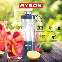 Byson Portable Blendy Juicer-600ML Capacity, 3000mAh Battery, Powerful 6 Blades for Smoothies, Juices & Shakes On-the-Go