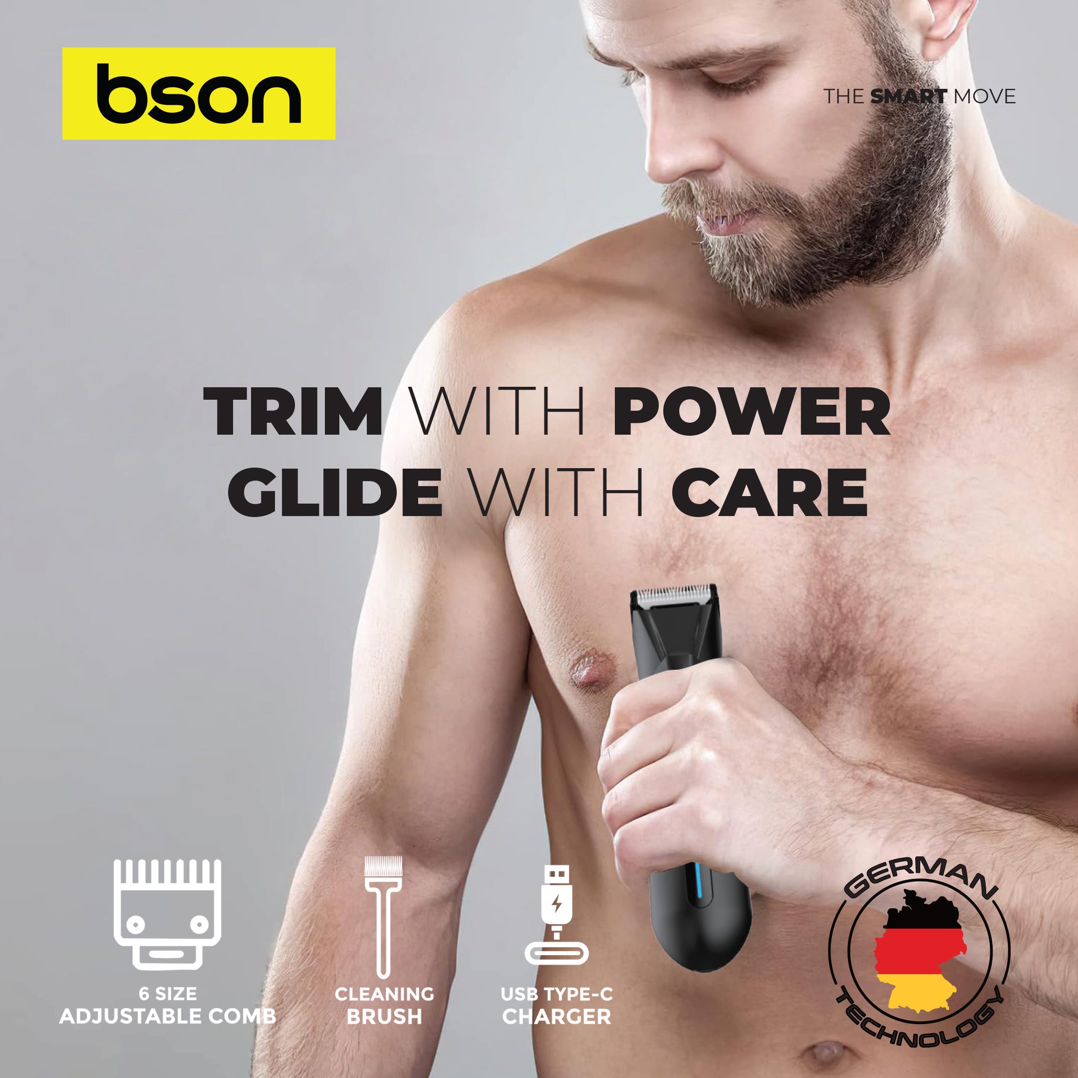 Bson Sensitive Body Pro Trimmer – Skin Secure Design, IPX7 Waterproof, LED Light, 6 Clipper Sizes, Travel Lock, 2H Fast Charging