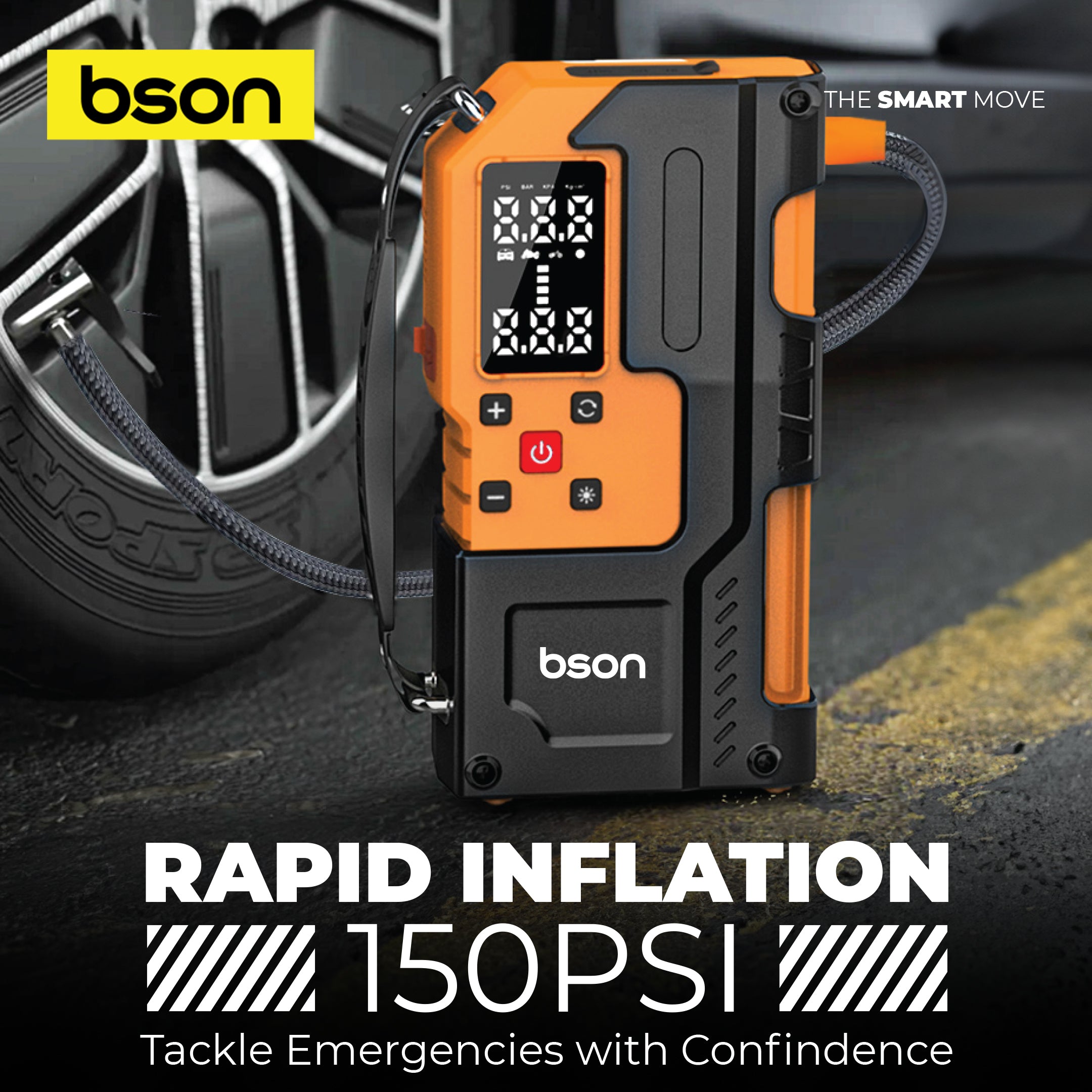 Bson Turbo Jump Starter with Air Inflator – 6-in-1 Emergency Kit, 12000mAh Battery, 150 PSI Compressor, Power Bank, Flashlight, Smart Clips & Storage-Ideal for Outdoor & Travel Use
