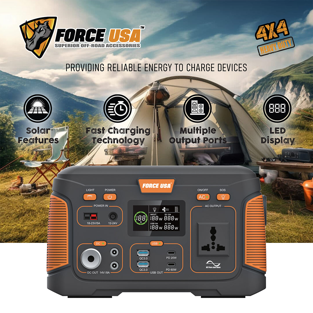 Force USA Portable power station 300W Pure Sine Wave With Multiple Output Ports, LED Display & Solar Charging Features for  camping and outdoor activities