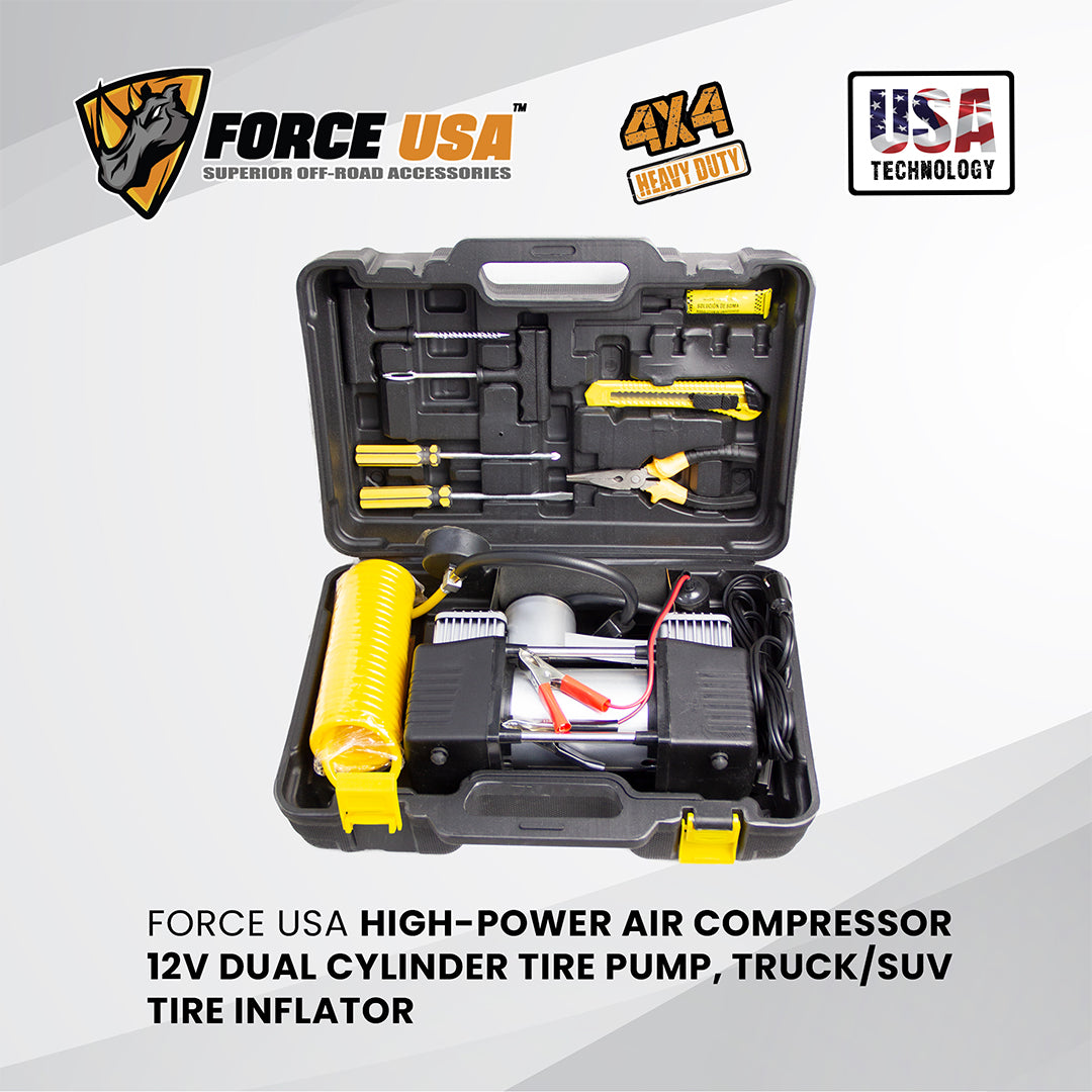 Force USA Heavy Duty Air Compressor with Tool Thick Handle, 12V DC Portable Inflator for Trucks, SUVs, Industrial and Off-Road Use