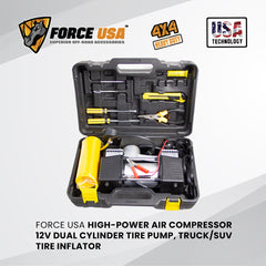 Force USA Heavy Duty Air Compressor with Tool Thick Handle, 12V DC Portable Inflator for Trucks, SUVs, Industrial and Off-Road Use