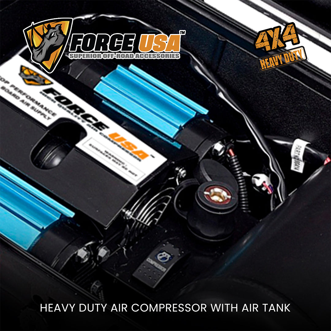 Force USA Powerful Air Compressor with Built-In Air Tank, High Capacity 12V Air System for Tire Inflation, Air Tools, and Off-Road Applications