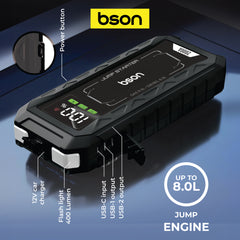 Bson Turbo Kick Jump Starter – 16000mAh, QDSP Quick Start, Up to 8L Gas/Diesel Engines, 3-Mode Dual Brightness LED Light, Power Bank Function