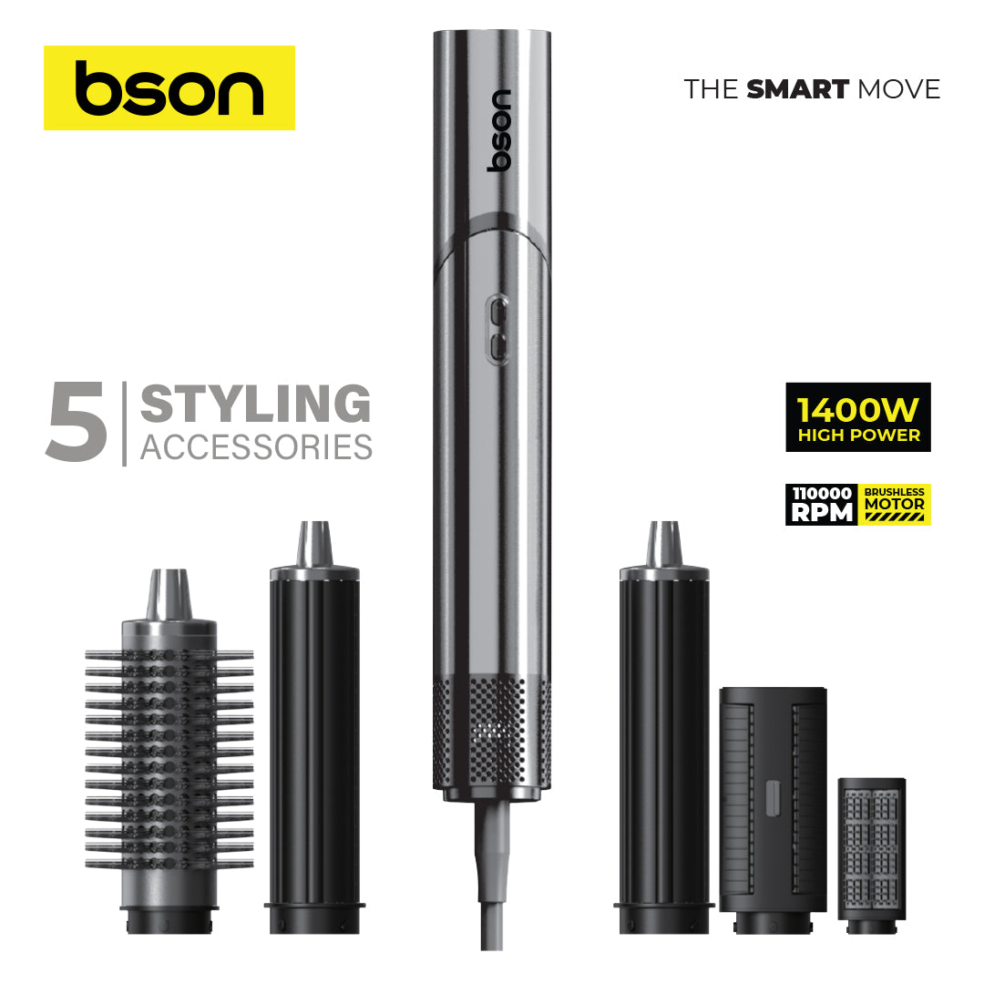 Bson 6-in-1 Professional Hair Dryer & Styler – 110,000 RPM Brushless Motor, 5 Styling Attachments, Intelligent Heat Control, 100M+ Negative Ions, No Radiation-for Women, Men, Home, Travel & Salon Use