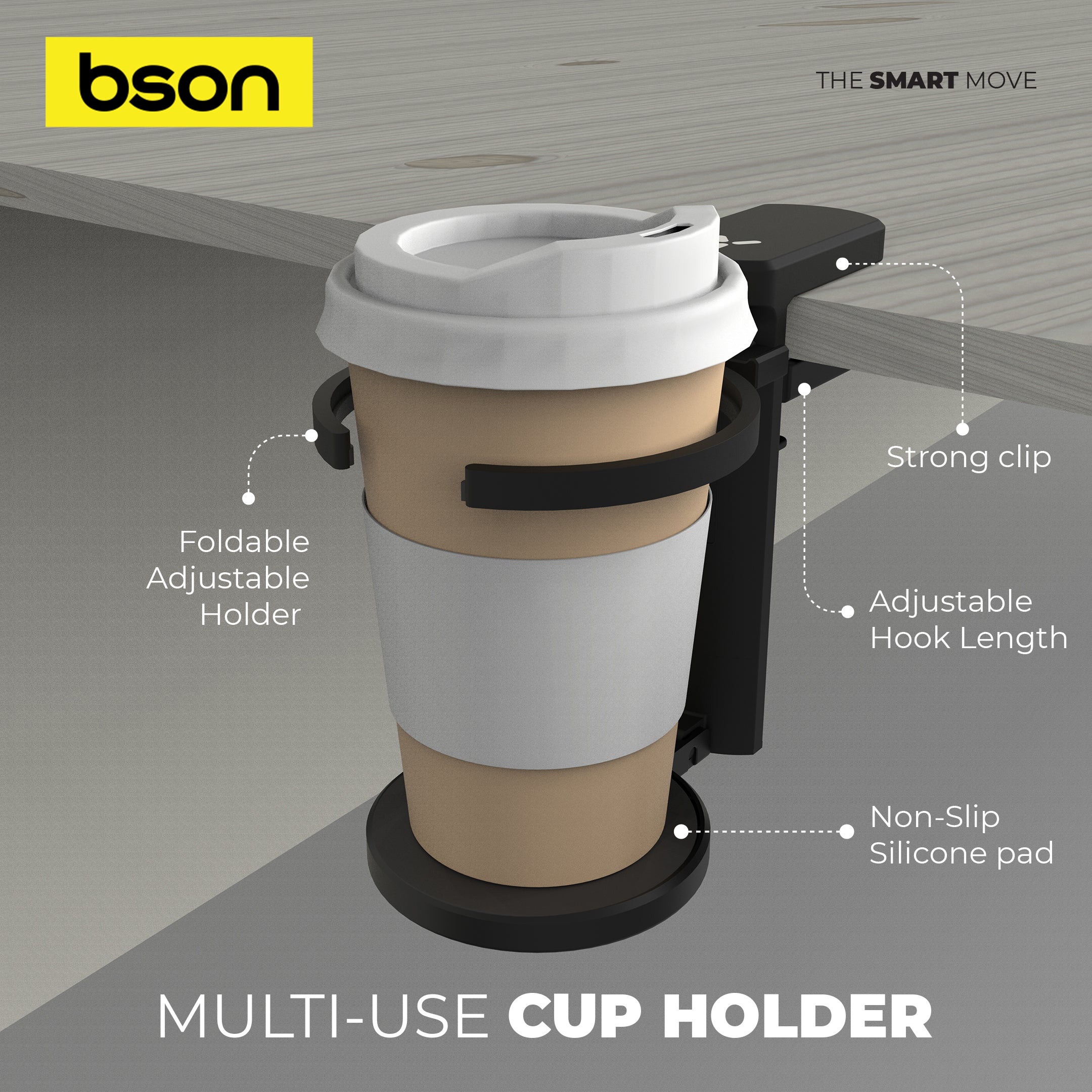 BSON Multi-Use Cup Holder – Universal Fit with Strong Clip, Adjustable Hook Length, Non-Slip Silicone Pad, Compatible with All Cup Types