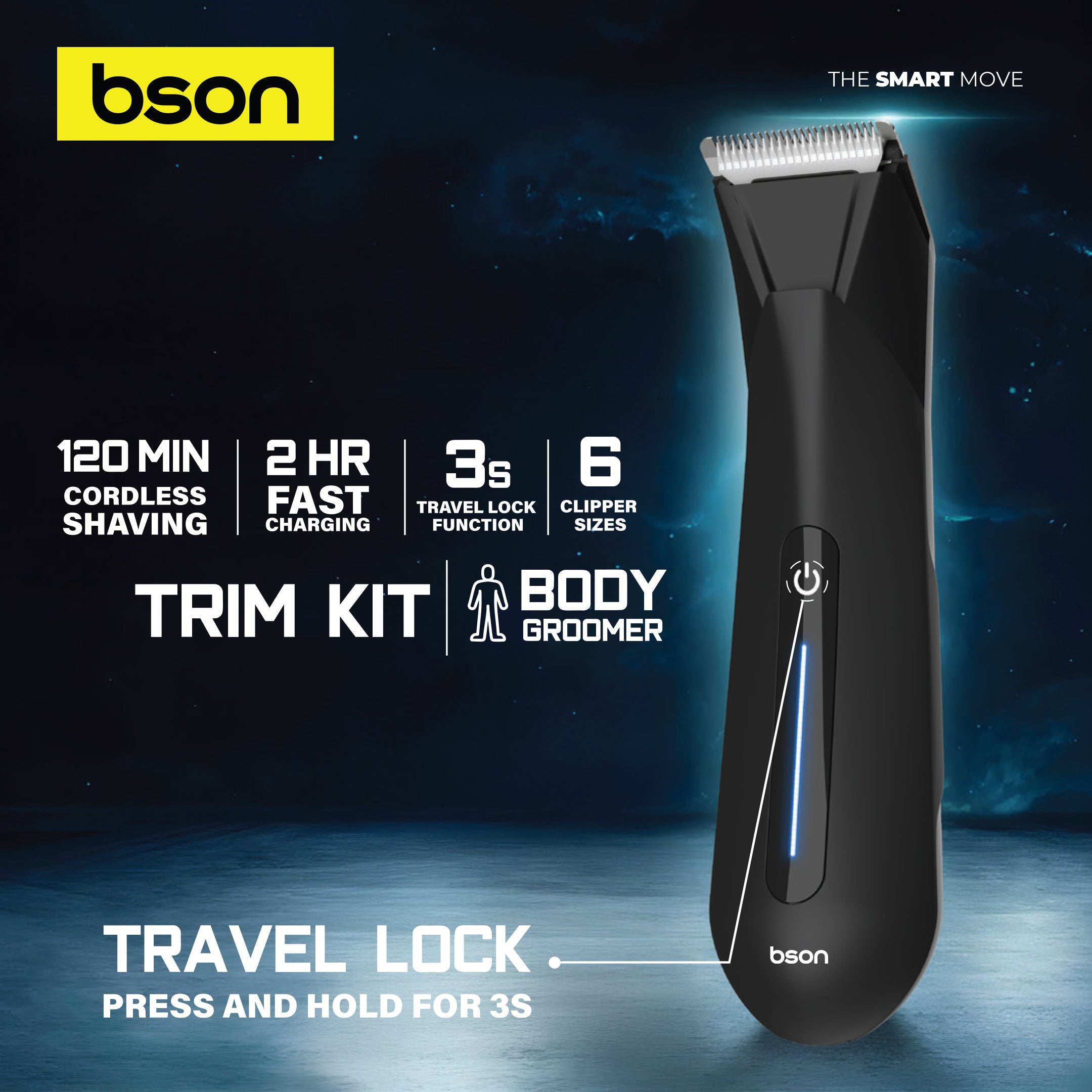Bson Sensitive Body Pro Trimmer – Skin Secure Design, IPX7 Waterproof, LED Light, 6 Clipper Sizes, Travel Lock, 2H Fast Charging