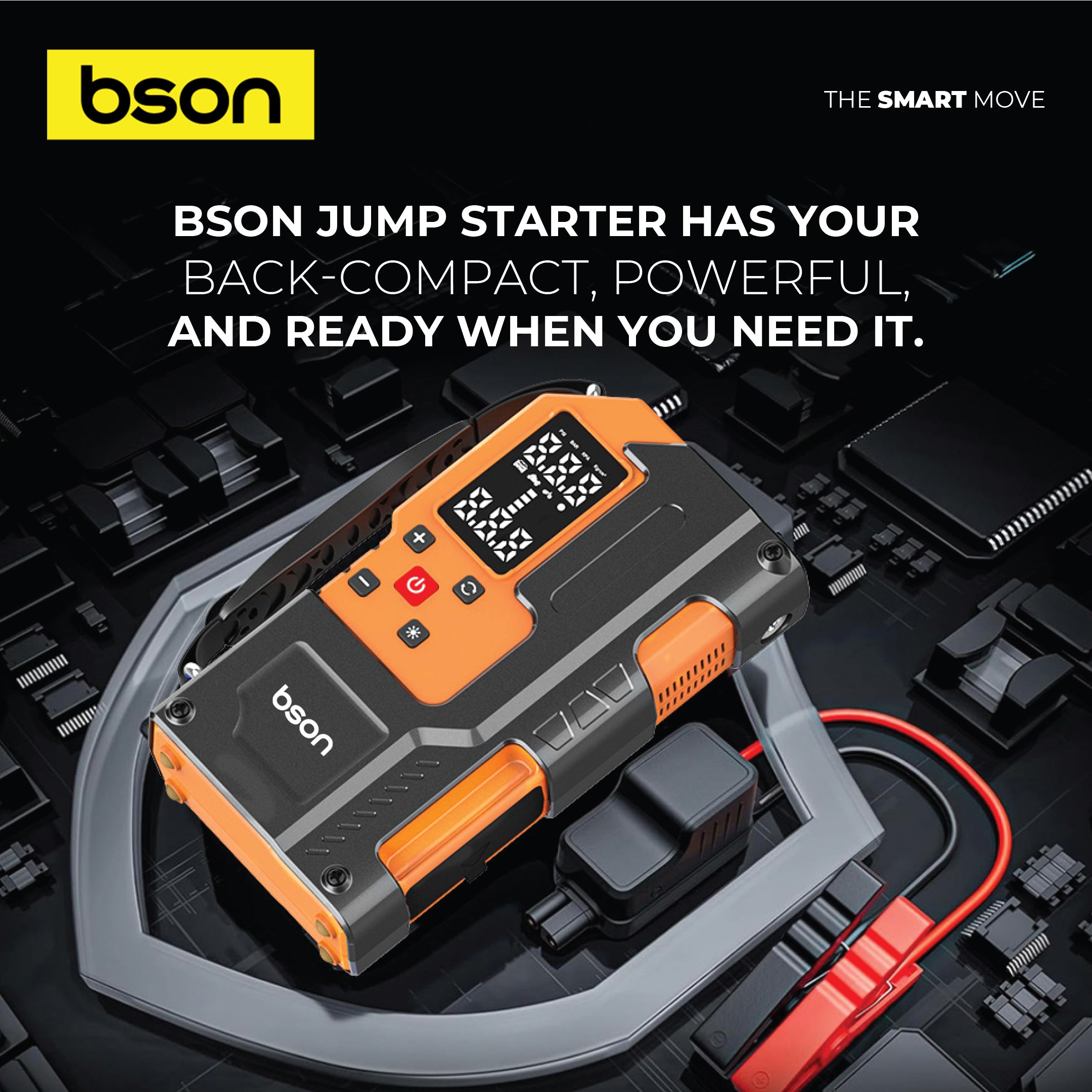 Bson Turbo Jump Starter with Air Inflator – 6-in-1 Emergency Kit, 12000mAh Battery, 150 PSI Compressor, Power Bank, Flashlight, Smart Clips & Storage-Ideal for Outdoor & Travel Use