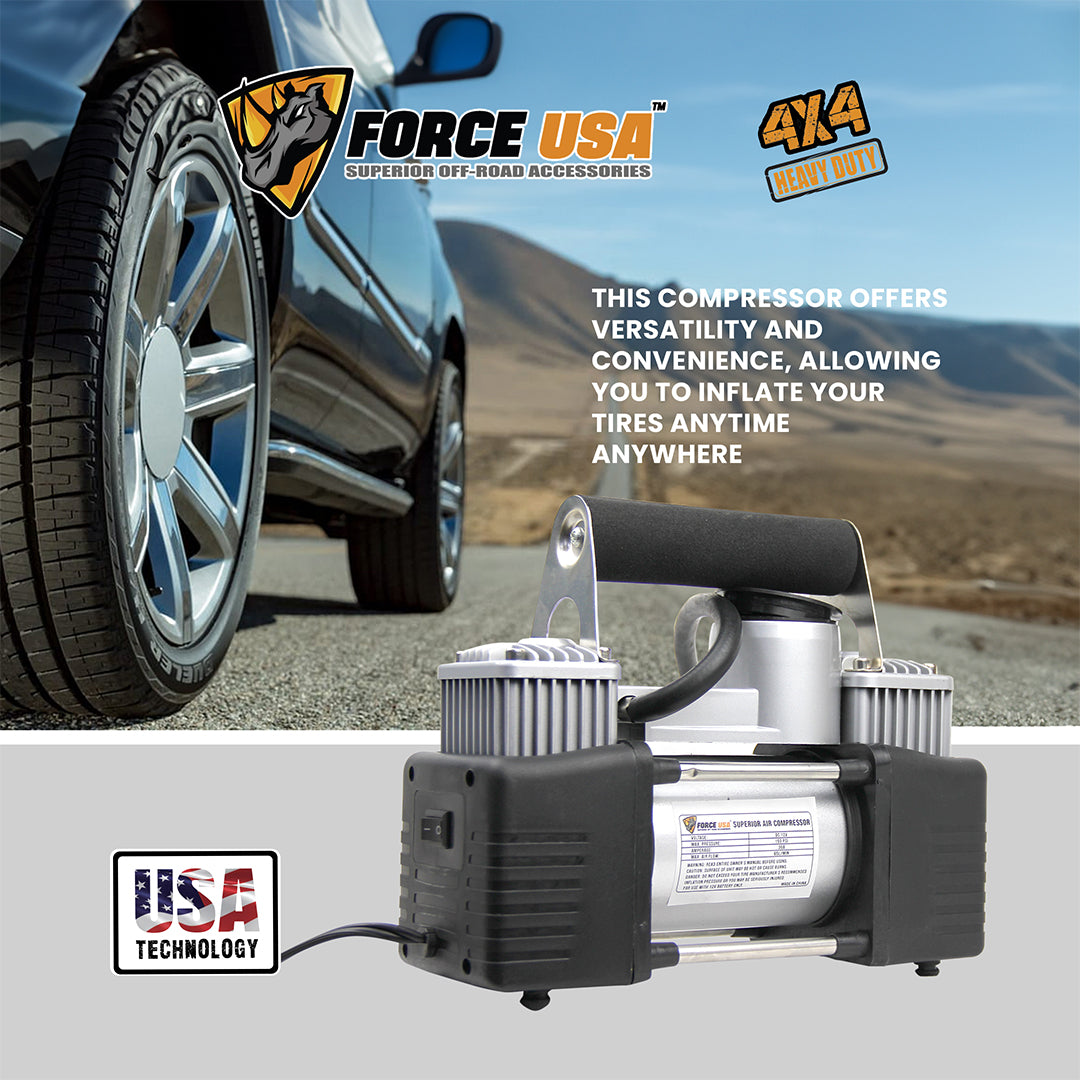 Force USA Heavy Duty Air Compressor with Tool Thick Handle, 12V DC Portable Inflator for Trucks, SUVs, Industrial and Off-Road Use