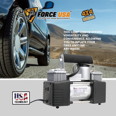 Force USA Heavy Duty Air Compressor with Tool Thick Handle, 12V DC Portable Inflator for Trucks, SUVs, Industrial and Off-Road Use