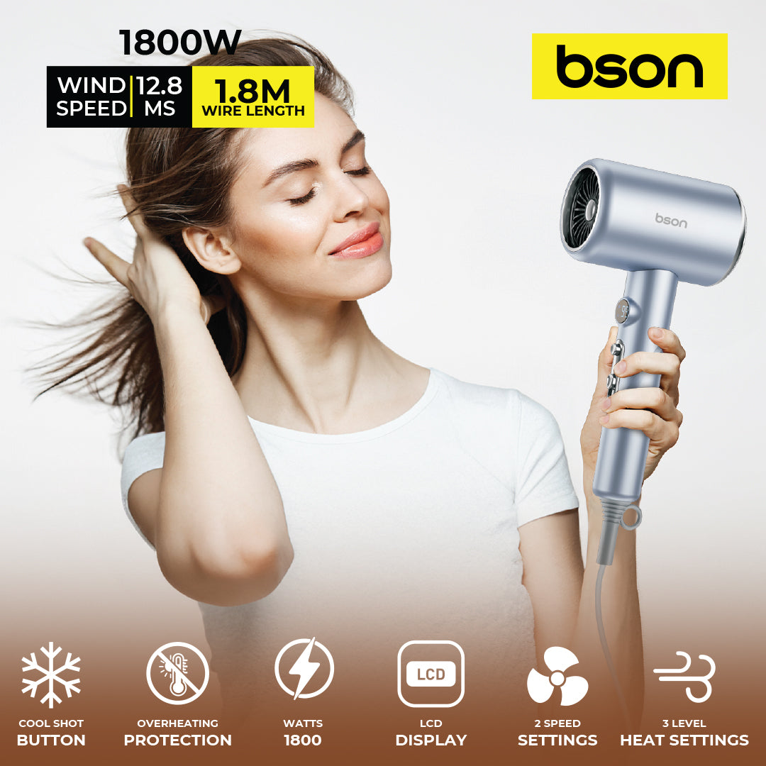 Bson Blowster Hair Dryer, 1800W Professional Hair Dryer, with LCD Display, Overheat Protection, Smart Cool Shot Button, & 1 Nozzle Accessory, with 2 Blowing Speeds & 3 Heat Settings, 1.8M Thick Wire, for Women Men Home Travel & Salon