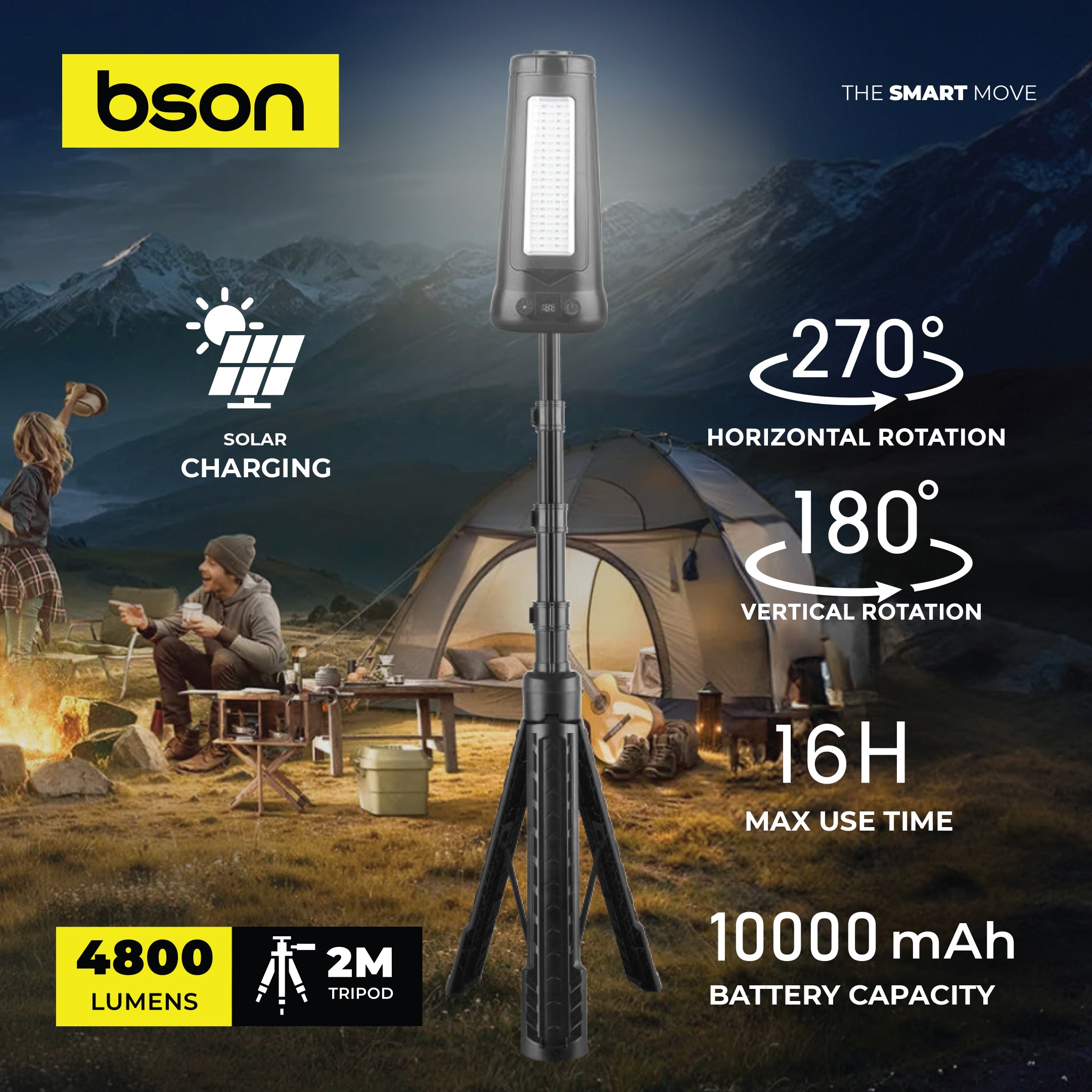 Bson Multi-Function Solar Camp Light – 4800 Lumens, 270°/180° Rotation, 16H Runtime, 1000mAh Battery, Solar & Type-C Charging, Waterproof with Remote, 3 Light Shades, 5 Lighting Modes, Tripod & Hook Design, Power Bank Function