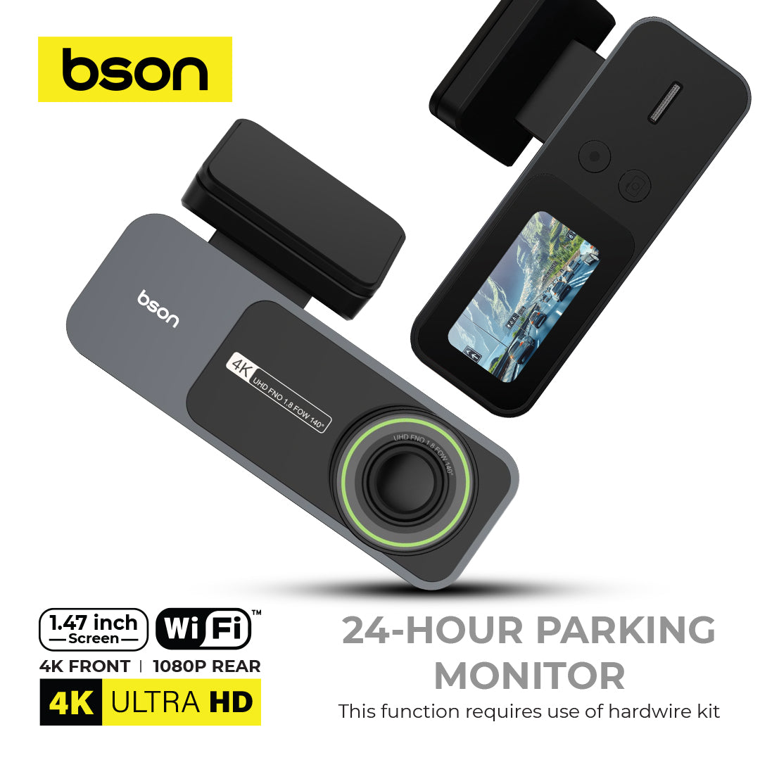كاميرا لوحة القيادة Bson 4K، كاميرا أمامية فائقة الدقة 4K، رؤية أمامية وخلفية مزدوجة، مع واي فاي، شاشة عرض 1.47 بوصة، زاوية كاميرا واسعة 150 درجة، رؤية ليلية، تسجيل حلقي، مستشعر G، وموجه صوتي، كاميرا لوحة قيادة فائقة الدقة للسيارات