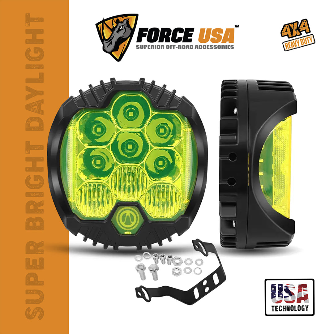 FORCE USA 5-Inch Round Work Lamp with 9 LED Bulbs, Bright Yellow Light, Universal Mount for All Vehicles – Durable Off-Road Lighting