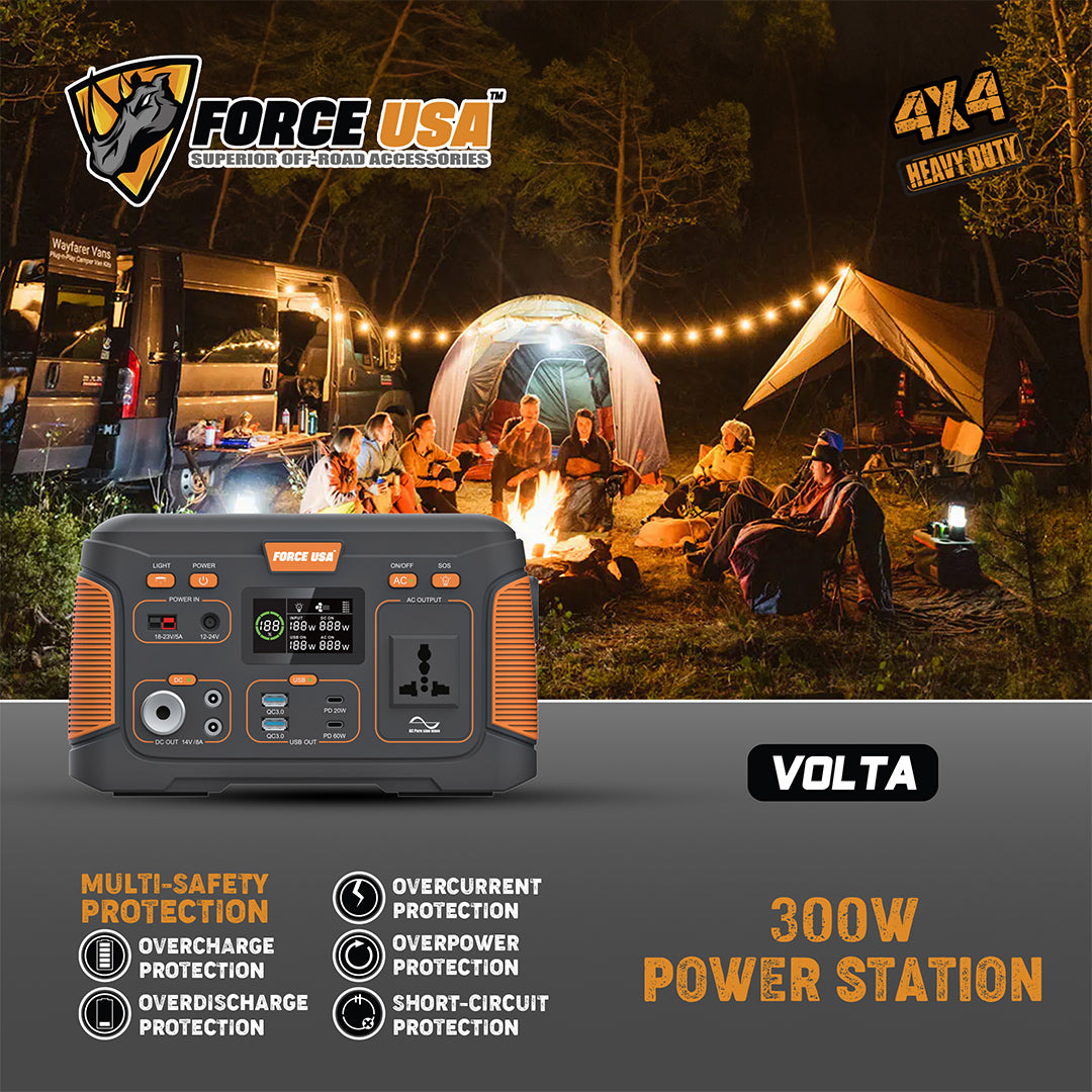 Force USA Portable power station 300W Pure Sine Wave With Multiple Output Ports, LED Display & Solar Charging Features for  camping and outdoor activities
