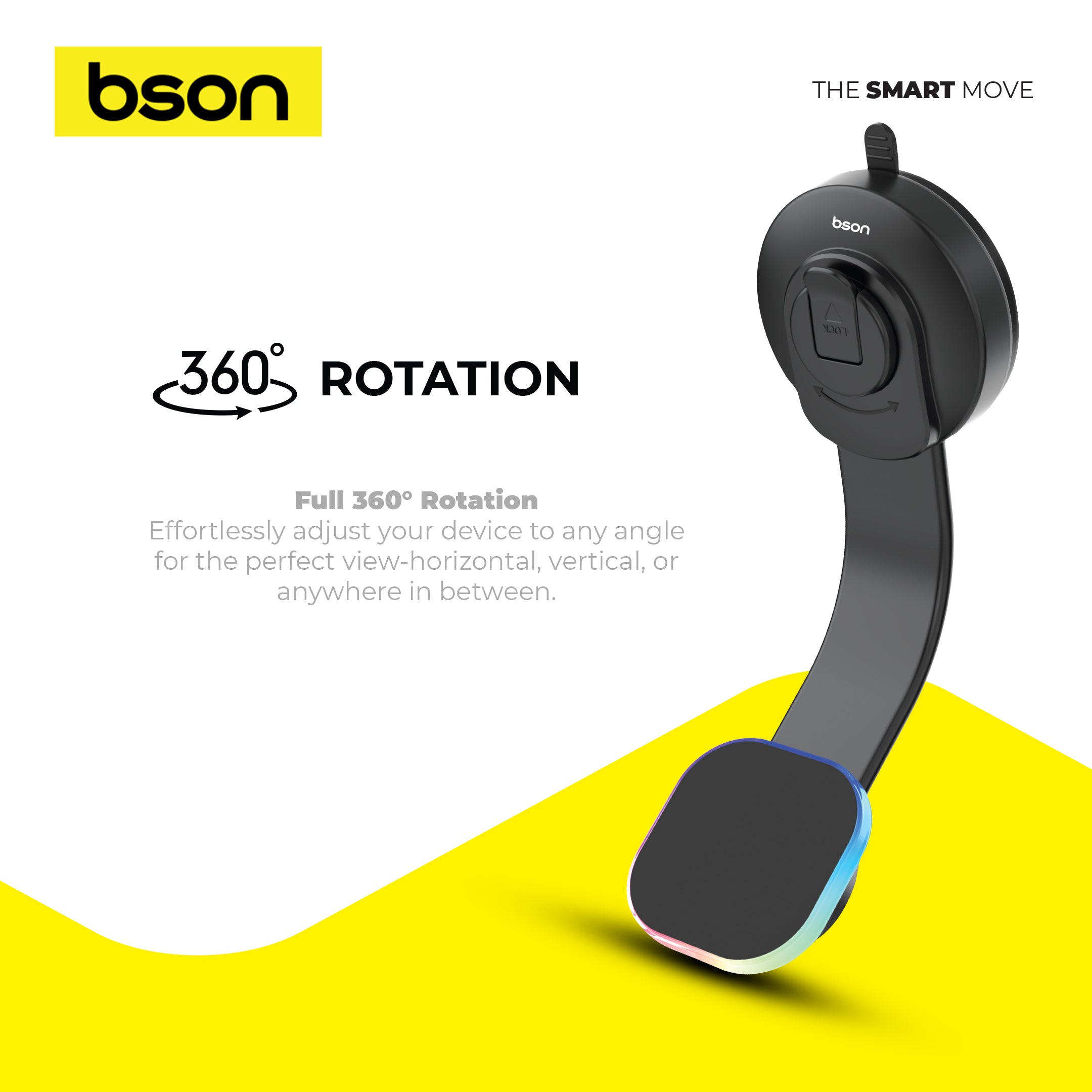 Bson Wireless LED Phone Holder – 15W Fast Wireless Charging, MagSafe Compatible, 360° Rotation, Strong Suction, One-Hand Operation, USB-A to Type-C Cable Included