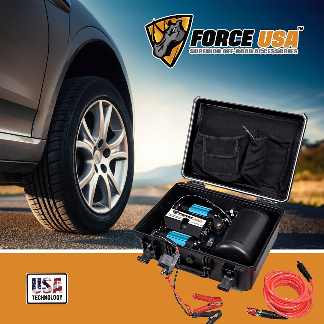 Force USA Powerful Air Compressor with Built-In Air Tank, High Capacity 12V Air System for Tire Inflation, Air Tools, and Off-Road Applications