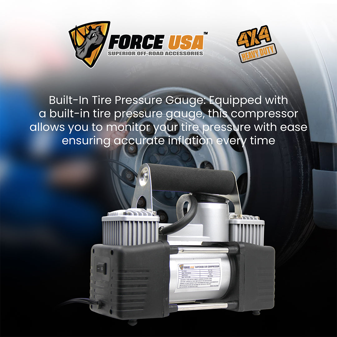 Force USA Heavy Duty Air Compressor with Tool Thick Handle, 12V DC Portable Inflator for Trucks, SUVs, Industrial and Off-Road Use