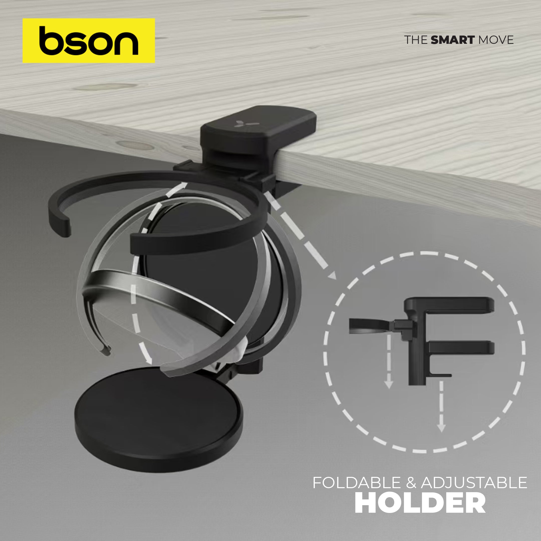 BSON Multi-Use Cup Holder – Universal Fit with Strong Clip, Adjustable Hook Length, Non-Slip Silicone Pad, Compatible with All Cup Types