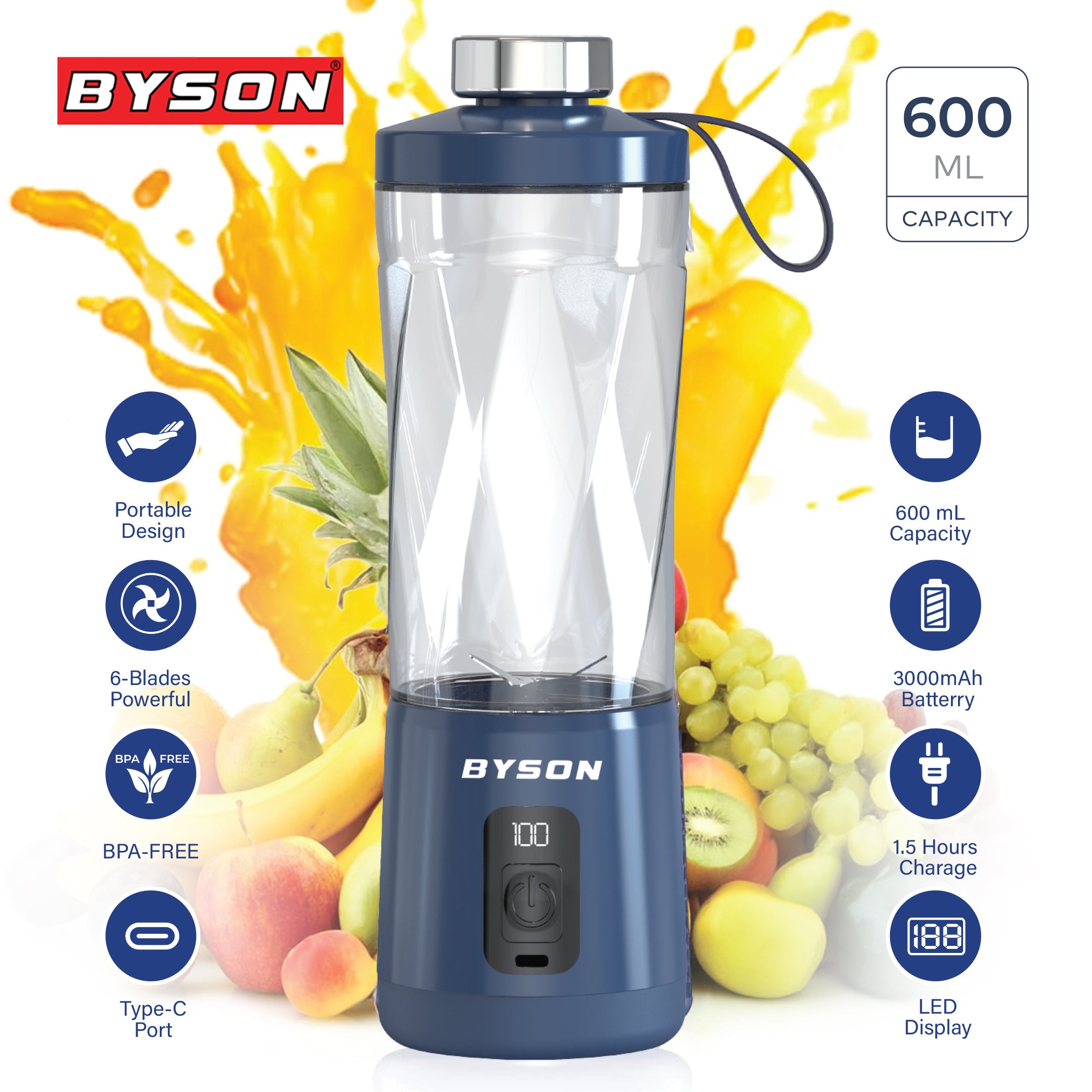 Byson Portable Blendy Juicer-600ML Capacity, 3000mAh Battery, Powerful 6 Blades for Smoothies, Juices & Shakes On-the-Go