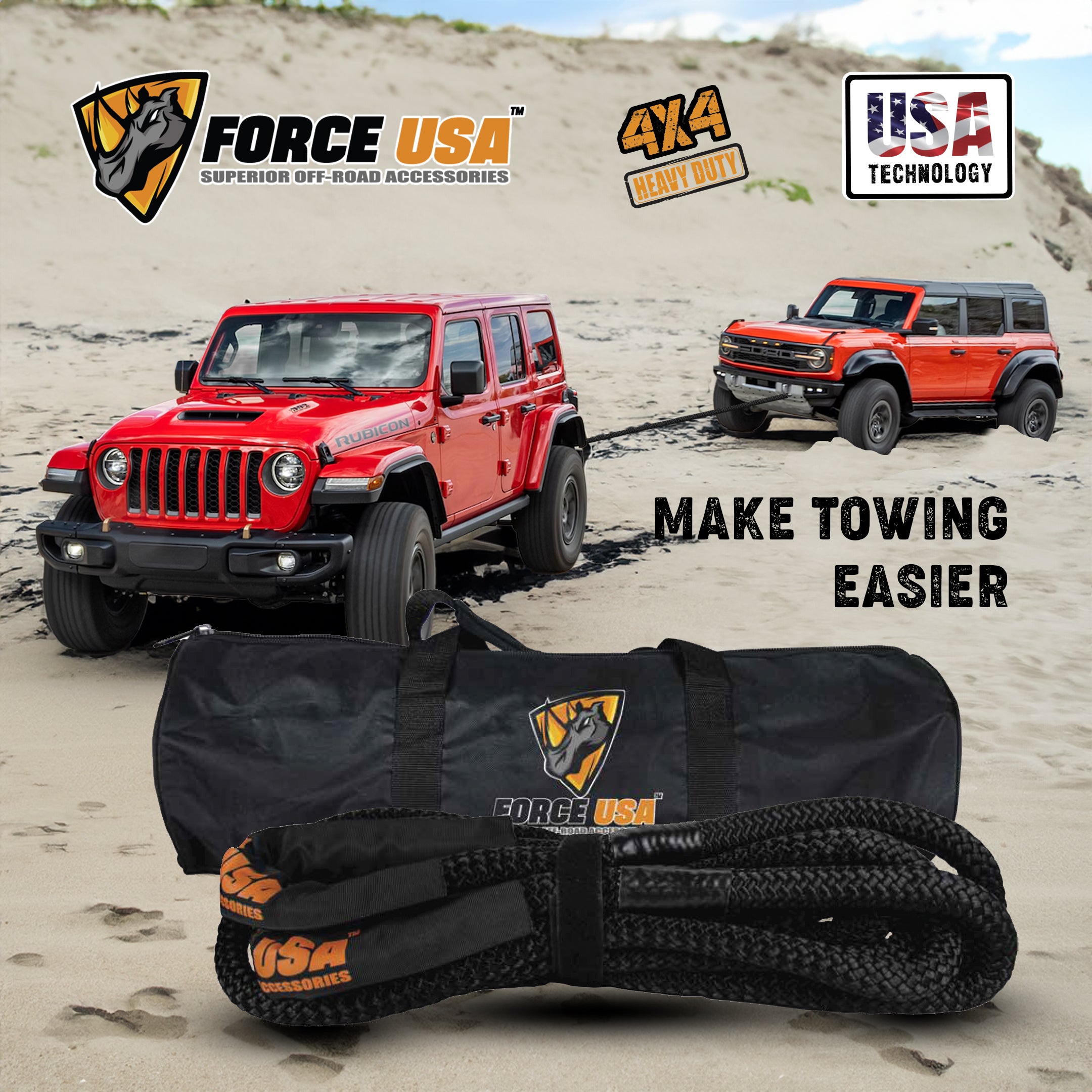 Force USA Extreme Strength Kinetic Tow Rope, 6M/8.2 Ton Heavy-Duty Recovery Rope, Elastic Recovery Strap for Off-Road, SUV, Truck & 4x4 Vehicles