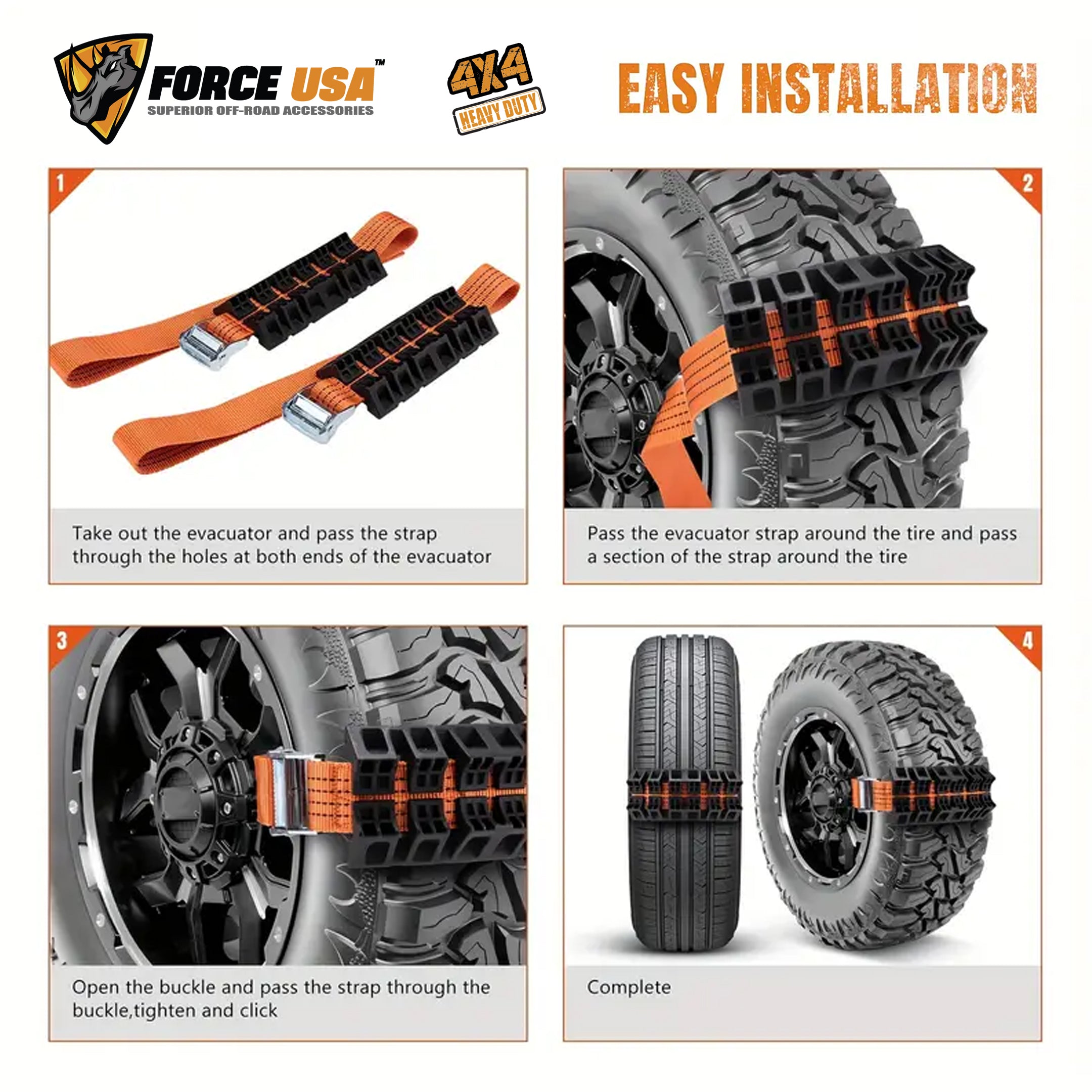 Force USA Tire Traction Strap, Emergency Recovery Strap for Snow, Mud & Sand, Heavy-Duty, Reusable, and Easy to Install