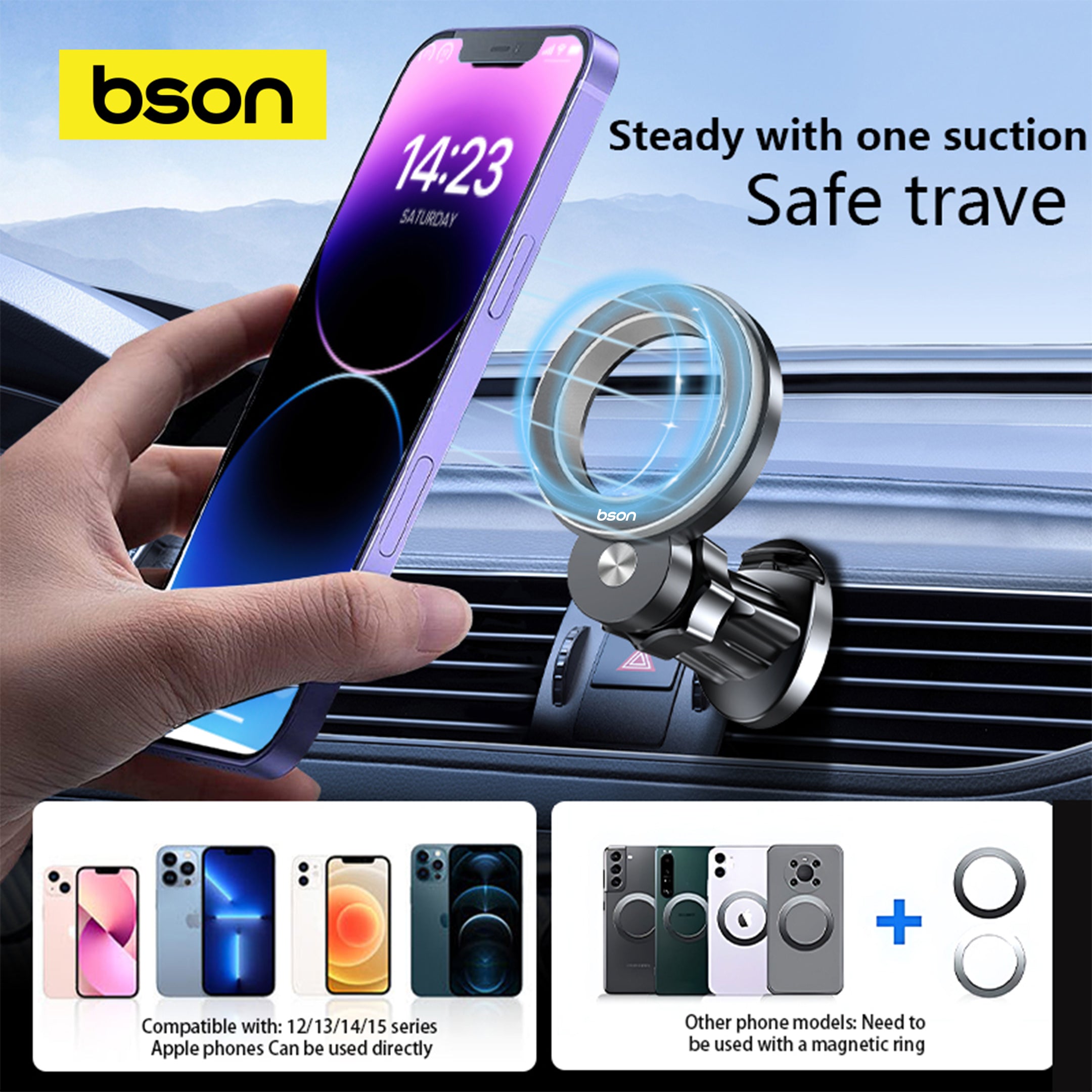 Bson VentPro MagSafe Phone Holder, Strong Magnetic Holder & Car Mount, with 360° Rotation, Magnetic Phone Holder for Car, Mobile Holder for Iphone 16 15 Pro Max, Plus 14 13 12 MagSafe Cases
