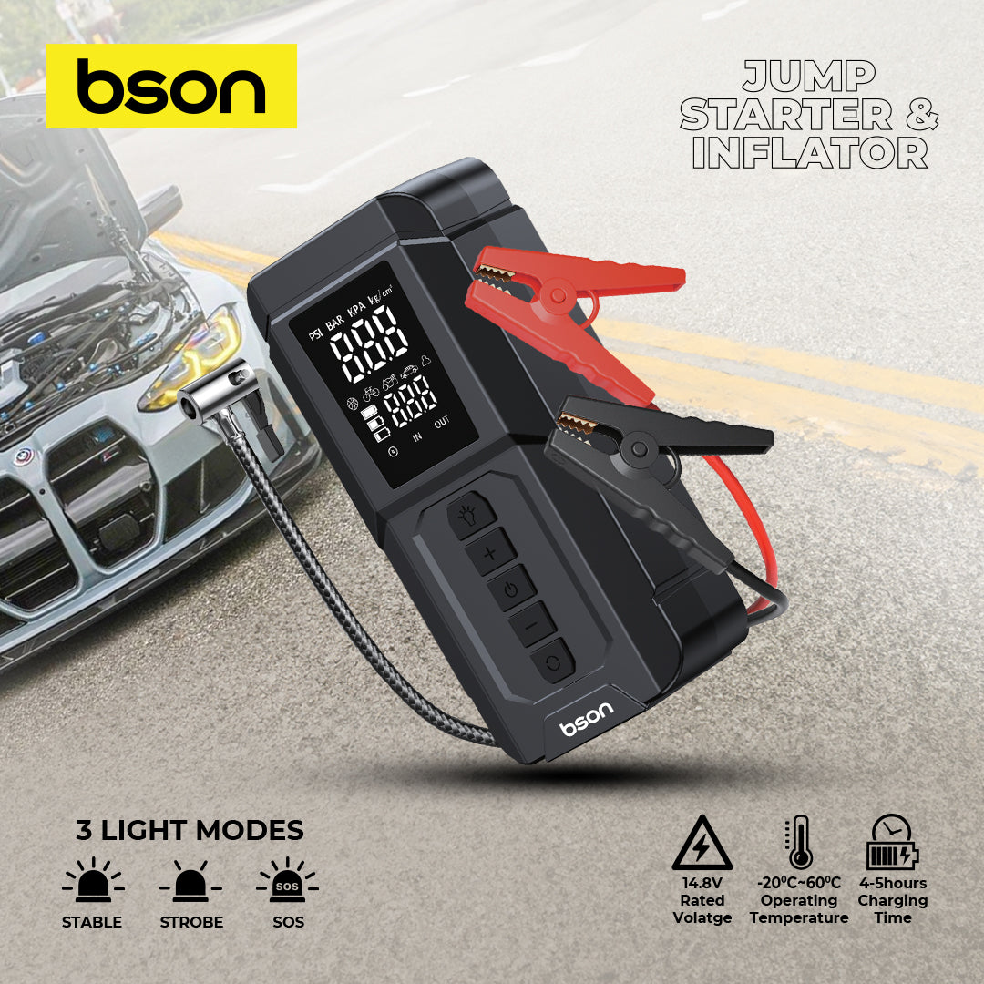 Bson 4-in-1 Jumbo Jump Starter & Inflator, 6000mAh Power Bank, LED Light with 3 Modes, Suitable for Car, SUV, Truck & Motorcycle