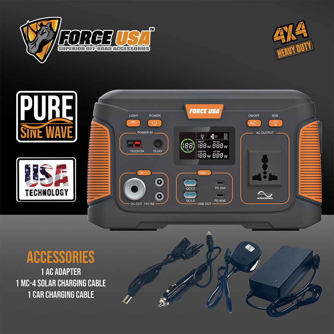 Force USA Portable power station 300W Pure Sine Wave With Multiple Output Ports, LED Display & Solar Charging Features for  camping and outdoor activities