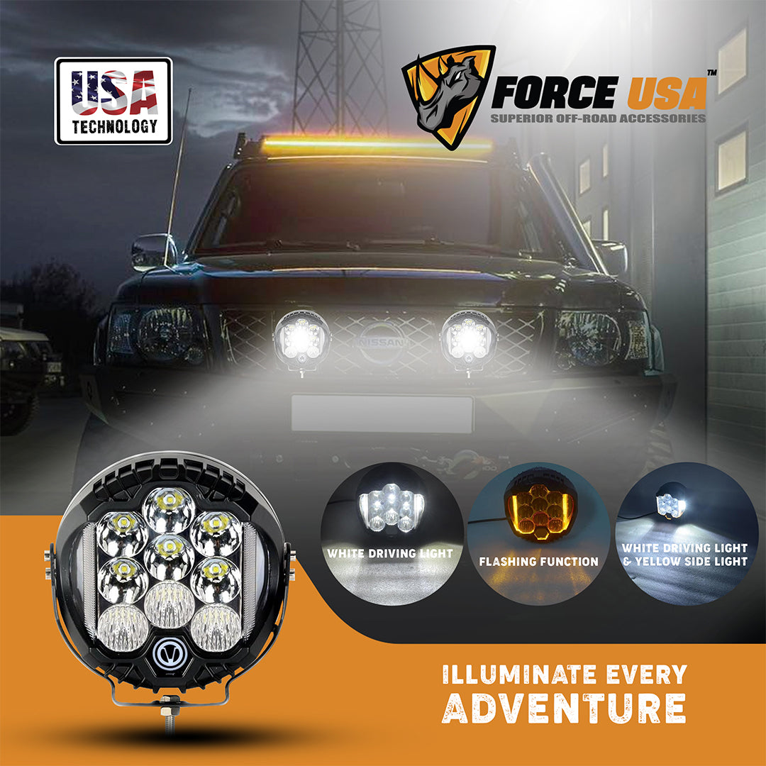 Force USA 7-Inch Round Work Light, Dual-Color White/Yellow LED, Adjustable Mounting Bracket, Durable & Waterproof Construction for Trucks, Off-Road, Construction & Utility Use