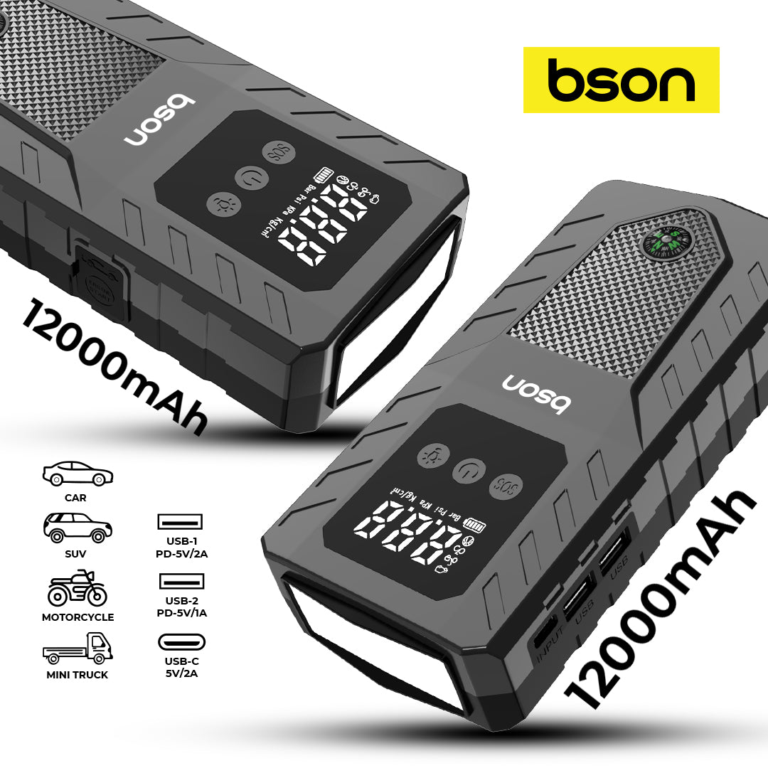Bson Survival Jump Starter, New 4 in 1 Emergency Jump Starter with Nice Compass Design, 12000mAh Capacity with Power Bank, LED Lighting, Distress signal, & Glass Hammer, with Wide Digital Display, 2 USB-A Output & 1 Type-C Input