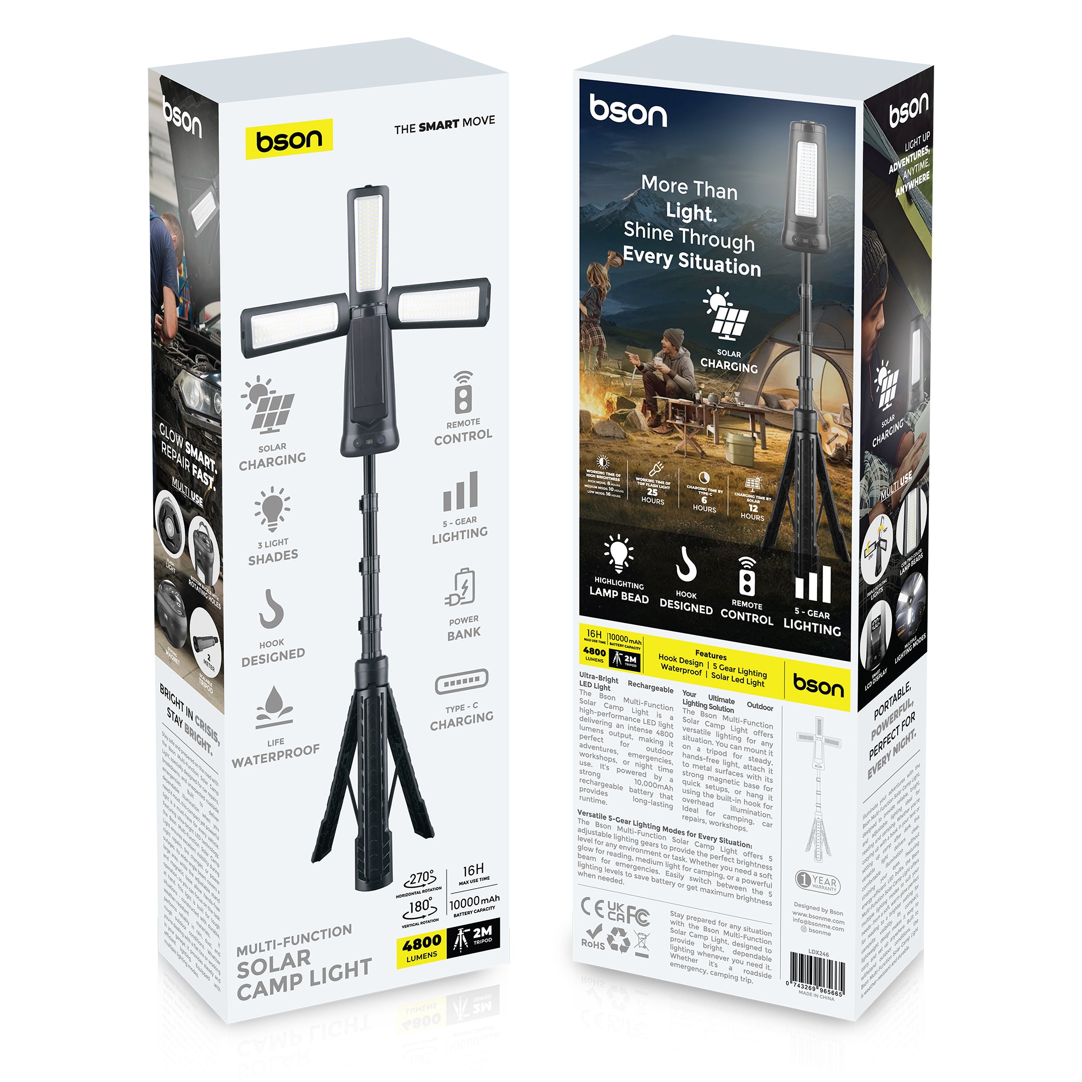 Bson Multi-Function Solar Camp Light – 4800 Lumens, 270°/180° Rotation, 16H Runtime, 1000mAh Battery, Solar & Type-C Charging, Waterproof with Remote, 3 Light Shades, 5 Lighting Modes, Tripod & Hook Design, Power Bank Function