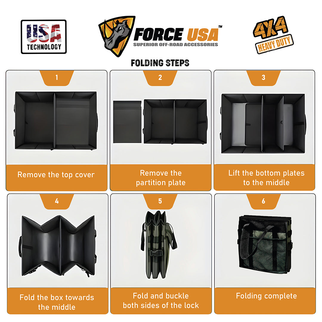 Force USA Multipurpose Bag Organizer, Foldable, Durable 600D & 300D Oxford Fabric, with Heavy-Duty Iron Zipper, Adjustable Sections, Large Capacity Organizer for Home, Travel, & Camping Use