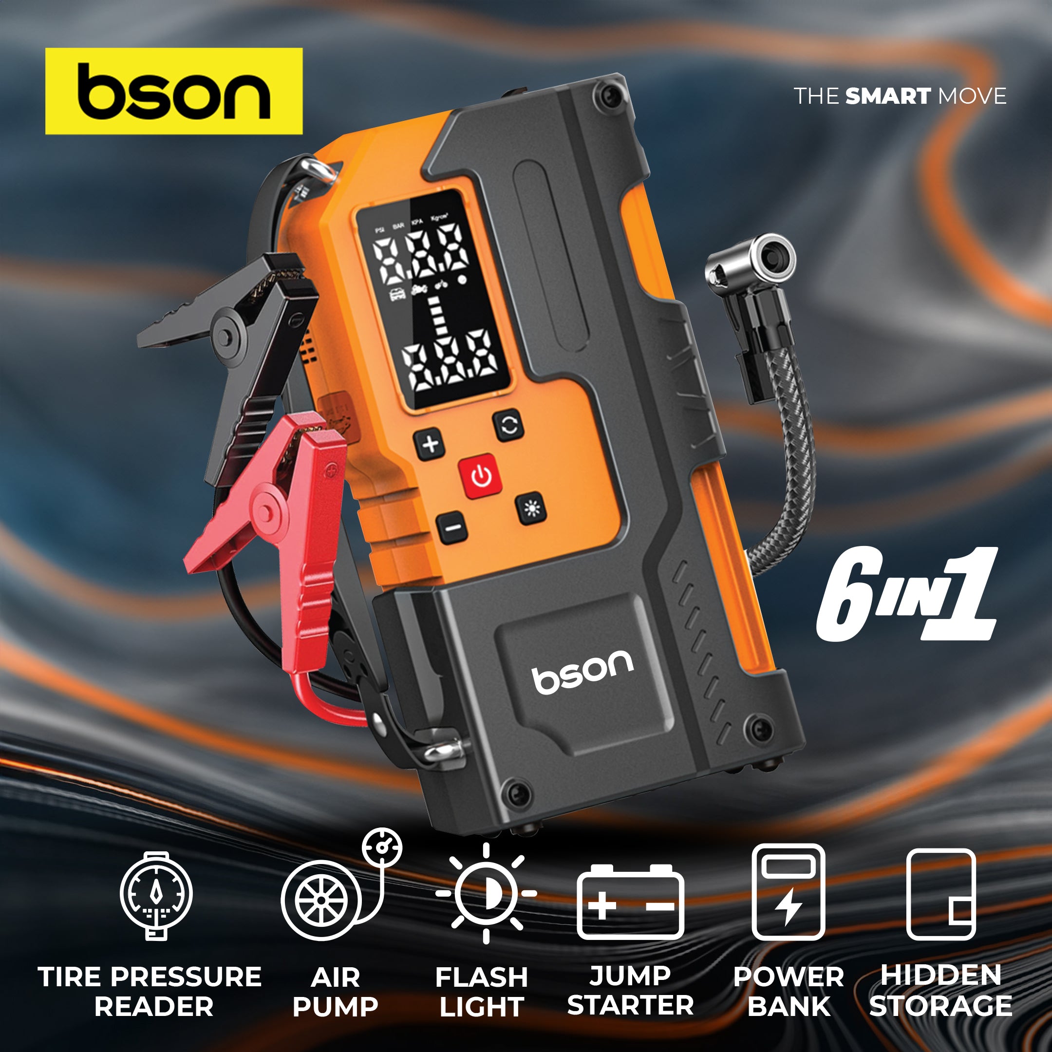 Bson Turbo Jump Starter with Air Inflator – 6-in-1 Emergency Kit, 12000mAh Battery, 150 PSI Compressor, Power Bank, Flashlight, Smart Clips & Storage-Ideal for Outdoor & Travel Use