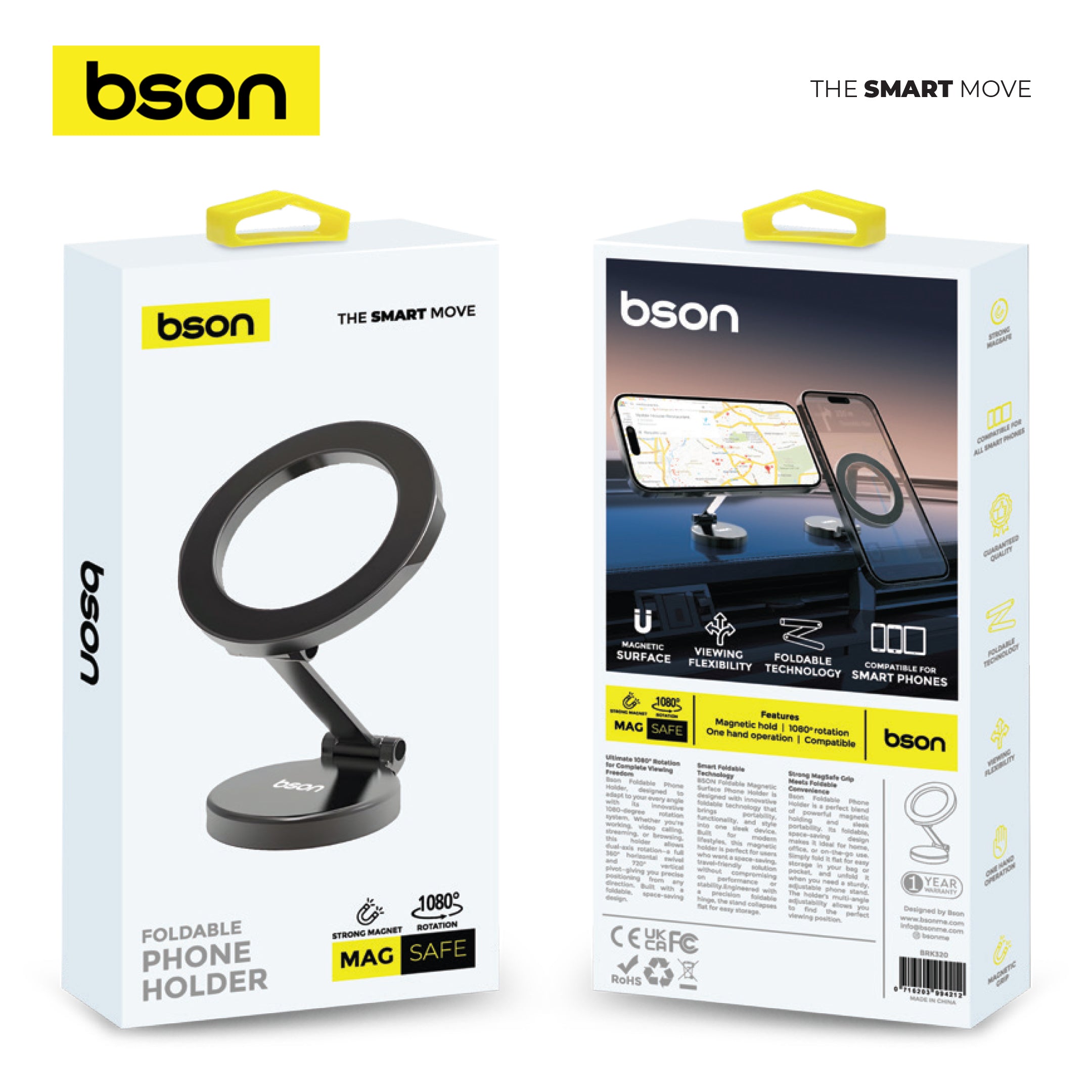 Bson Foldable Phone Holder – Ultimate Suction Mount with Strong MagSafe Magnetic Grip, 1080° Rotation, One-Hand Operation & Foldable Design for Flexible Viewing